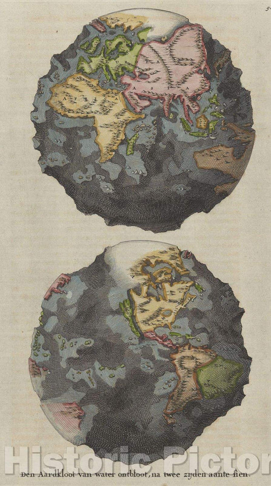 Historic Map : Den Aardkloot van water ontbloot, na twee zidjen aante sien., 1691 , Vintage Wall Art