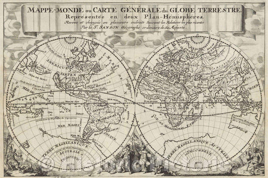 Historic Map : Mappe-Monde ou Carte Generale du Globe Terrestre Representee en deux Plan-Hemispheres, Reveiie et changee en plusieurs endroits Suivant les Relations, 1692 , Vintage Wall Art