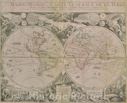 Historic Map : Mappe-Monde, ou Carte Generale de la Terre, divisee en deux hemispheres suivant la Projection la Plus Commune ou tous les Points Principaux sont Place, 1694 , Vintage Wall Art