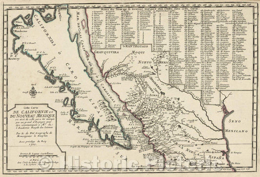 Historic Map : Cette Carte de Californie et du Nouveau Mexique est tiree de celle qui a ete envoyee par un grand d'Espagne pour etre communiquee a Mrs. de l'Academie, 1700 , Vintage Wall Art