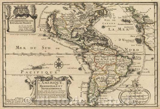 Historic Map : L'Amerique, Meridionale et Septentrionale Dressee selon les dernieres Relations e suivant les Nouvelles Decouvertes dont les points principaux, 1700 , Vintage Wall Art