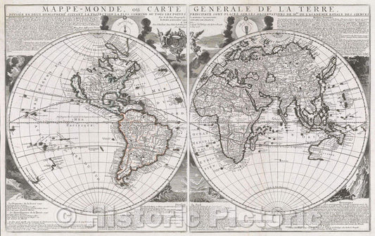 Historic Map : Mappe-Monde, ou Carte Generale de la Terre Divisee en deux hemispheres suivant la projection la plus commune ou tous les points principaux sont placez, 1705 , Vintage Wall Art