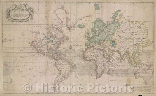 Historic Map : A New and Correct Mapp of the World according to M. r Edward Wright commonly called Mercator's Projection. With a view of the winds and variation, 1708 , Vintage Wall Art