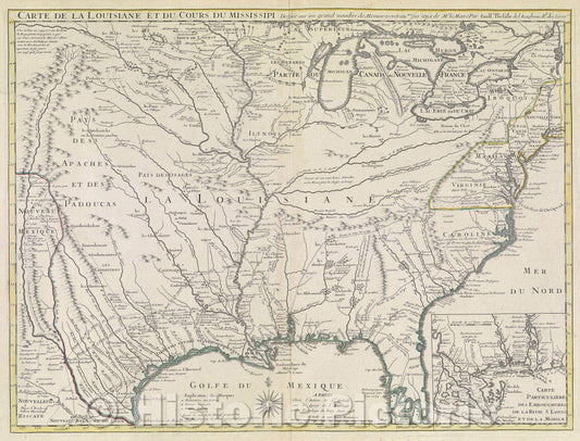 Historic Map : Carte de la Louisiane et du Cours du Missisipi Dressee sur un grand nombre de Memoires entr'autres. sur ceux de Mr. le Maire par Guillaume Delisle, 1718 , Vintage Wall Art