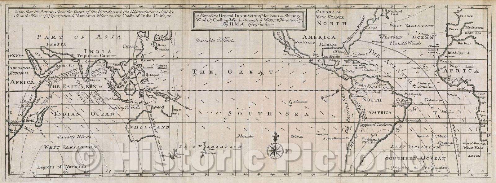 Historic Map : A View of the General Trade-Winds, Monsoons, or Shifting-Winds, and Coasting-Winds, through ye World, Variations, andc, by H. Moll Geographer, 1736 , Vintage Wall Art