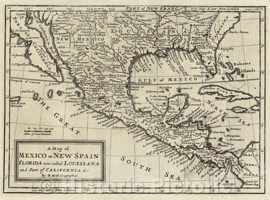 Historic Map : A Map of Mexico or New Spain Florida now called Louisiana and part of California and c. By H: Moll Geographer., 1745 , Vintage Wall Art