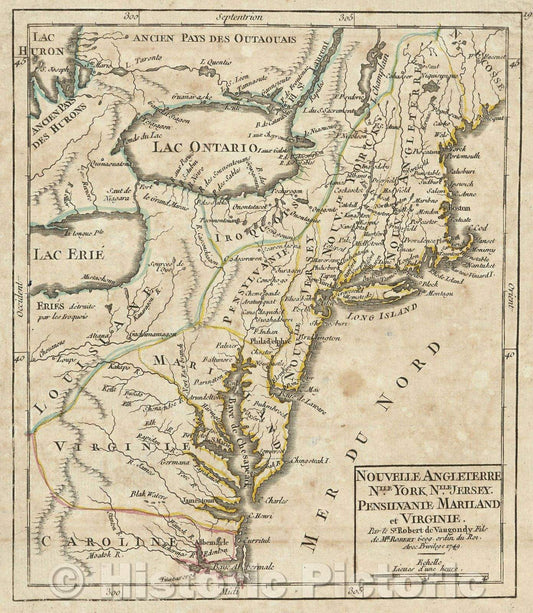 Historic Map : Nouvelle Angleterre Nlle. York, Nlle. Jersey, Pensilvanie Mariland et Virginie. par le Sr. Robert de Vaugondy Fils, 1749 , Vintage Wall Art