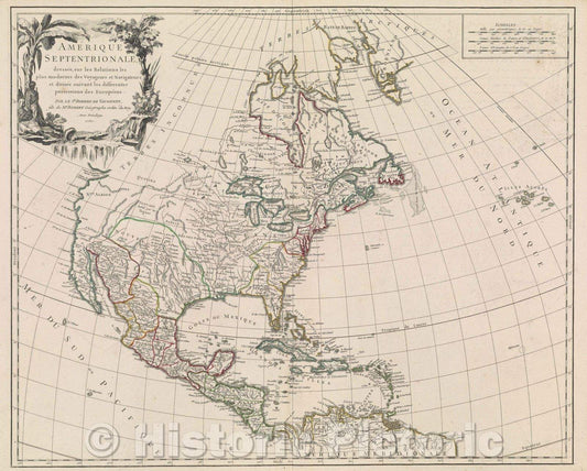Historic Map : Amerique Septentrionale dressee, sur les Relations les plus modernes des Voyageurs et Navigateurs, et divisee suivant les differentes possessions, 1750 , Vintage Wall Art