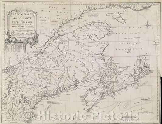 Historic Map : A New Map of Nova Scotia and Cape Britain. With adjacent parts of New England and Canada, Composed from a great number of actual surveys, 1755 , Vintage Wall Art