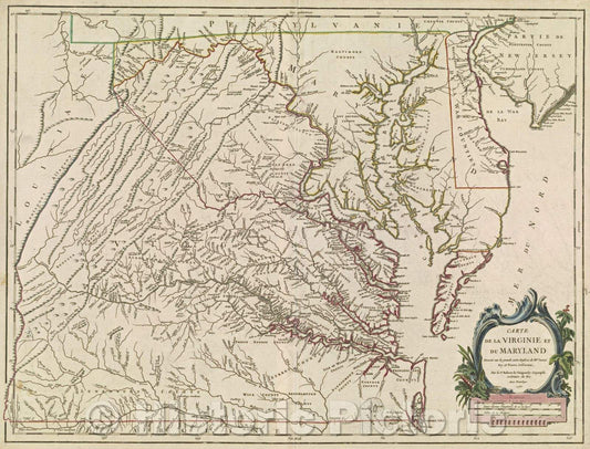 Historic Map : Carte de la Virginie et du Maryland Dressee sur la grande carte Angloise de Mrs. Josue Fry et Pierre Jefferson, 1755 , Vintage Wall Art