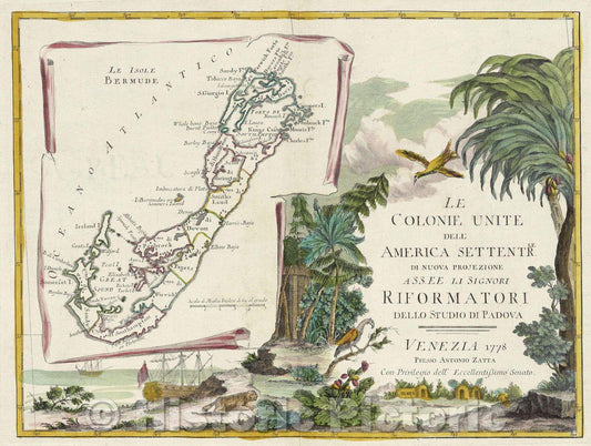 Historic Map : Le Colonie Unite Dell America Settentrle. di Nuova Projezione ass.ee. li Signori Riformatori dello studio di Padova Venezia, 1778 , Vintage Wall Art