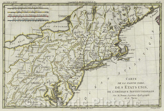 Historic Map : Carte de la Partie Nord, des Etats Unis, de l'Amerique Septentrionale. Par M. Bonne, Ingenieur Hydrographe de la Marine, 1780 , Vintage Wall Art