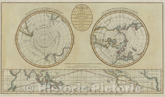 Historic Map : The World in three Sections describing the Polar Regions to the Tropics with all the Tracts of Lord Mulgrave and Captain Cook, 1784 , Vintage Wall Art