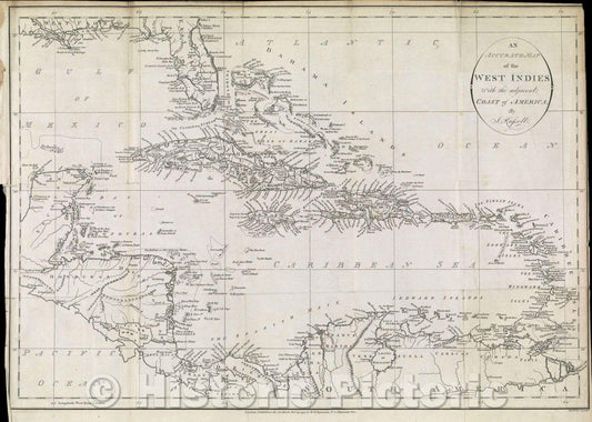 Historic Map : An Accurate Map of the West Indies with the adjacent coast of America; by J. Russell., 1794 , Vintage Wall Art , v2