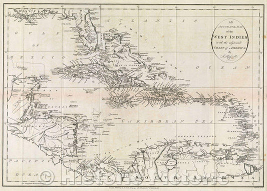 Historic Map : An Accurate Map of the West Indies with the adjacent coast of America; by J. Russell., 1794 , Vintage Wall Art