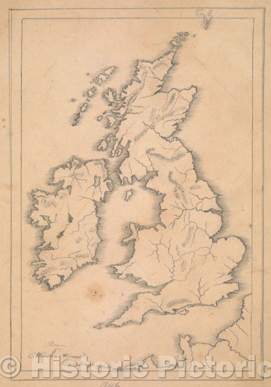 Historic Map : Manuscript pencil drawing of a map of Great Britain, 1846 , Vintage Wall Art