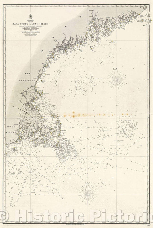 Historic Map : North America East Coast Bay of Fundy to Long Island the Coast from Quoddy Head to Portland from a Survey of M.Des Barres, 1857 , Vintage Wall Art