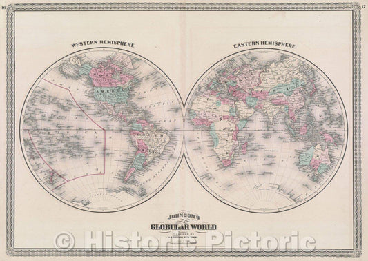 Historic Map : Johnson's Globular World Published by A.J Johnson, New York, 1867 , Vintage Wall Art