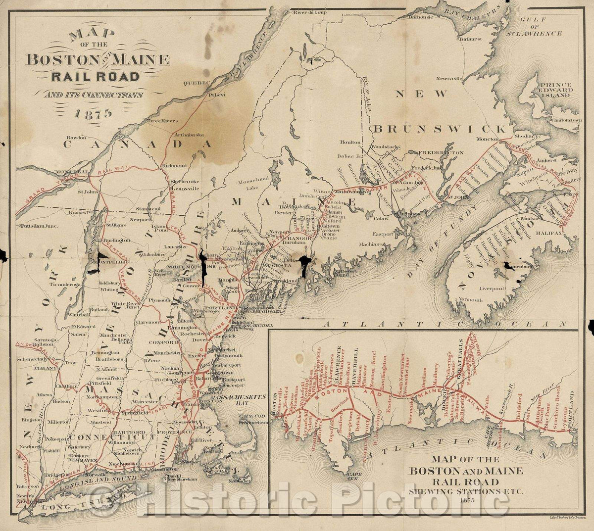 Historic Map : Map of the Boston and Maine Railroad and its Connections  1875, 1875 , Vintage Wall Art
