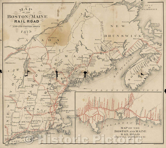 Historic Map : Map of the Boston and Maine Railroad and its Connections  1875, 1875 , Vintage Wall Art