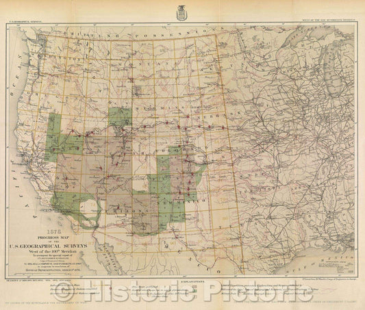 Historic Map : 1878 Progress map of the U.S. Geographical Surveys West of the 100th Meridian, 1878 , Vintage Wall Art