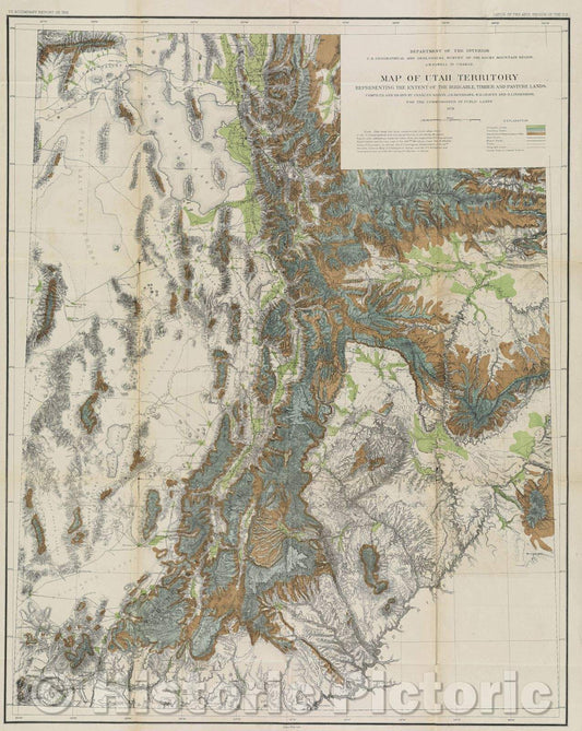 Historic Map : Map of Utah territory representing the extent of the irrigable, timber and pasture lands  , 1878 , Vintage Wall Art