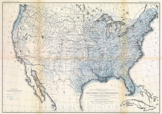 Historic Map : Geological Survey of the Rocky Mountain Region. J.W. Powell in charge. Rain Chart of the United State, c. 1873 , Vintage Wall Art