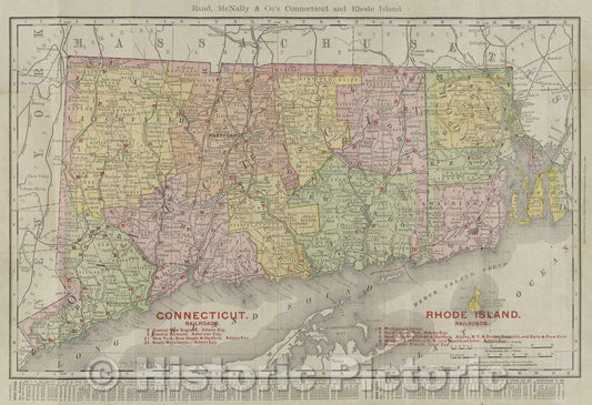 Historic Map : Rand, McNally and Co.'s Connecticut and Rhode Island, c. 1896 , Vintage Wall Art