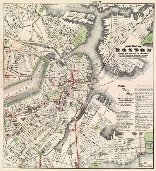 Historic Map : New Map of Boston giving all points of interest, 1910 , Vintage Wall Art , v2