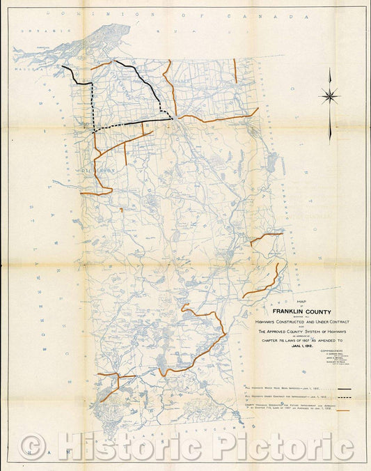 Historic Map : Map of Franklin County showing all highways constructed and under contract also the Approved County System of Highways as approved by Chapter 715, 1912 , Vintage Wall Art