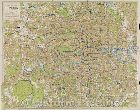 Historic Map : Bacon's New Large Print Map of London and Suburbs : extending from Highgate to Crystal Palace Twickenham to Greenwich, 1934 , Vintage Wall Art