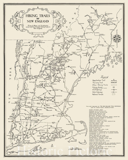Historic Map : Hiking Trails of New England  A key to Maps and Guidebooks covering the principal hiking trails in New England, 1953 , Vintage Wall Art