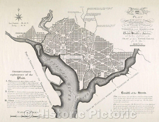Historic Map : Plan of the City of Washington in the Territory of Columbia, ceded by the States of Virginia and Maryland to the United States of America, 1792 , Vintage Wall Art