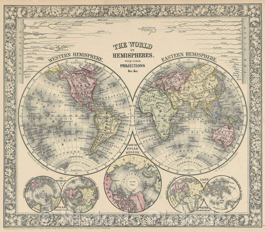 Historic Map : The World in Hemispheres With Other Projections andc. andc, 1860 , Vintage Wall Art