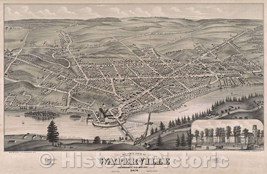 Historic Map : Birds Eye View of Waterville Kennebec, Co. Maine  Looking Northwest, 1878 , Vintage Wall Art