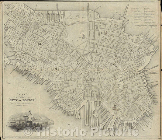 Historic Map : Plan of the City of Boston, 1844 , Vintage Wall Art , v2