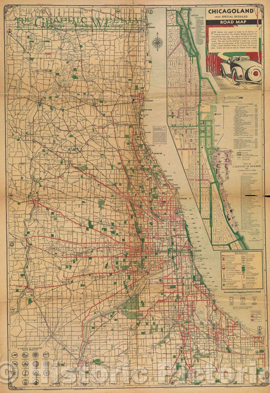 Historic Map : Chicagoland Road Map, 1933 , Vintage Wall Art
