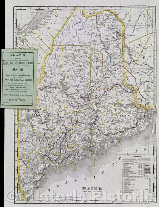 Historic Map : Cram's indexed County map and Shipper's Guide of Maine accompanied by a concise and original ready reference index showing in detail the complete Rail, 1904 , Vintage Wall Art