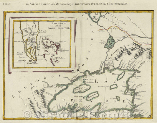 Historic Map : Il Paese De Selvaggi Outauace si e Kilistinesi Intorno Al Lago Superiore., 1778 , Vintage Wall Art