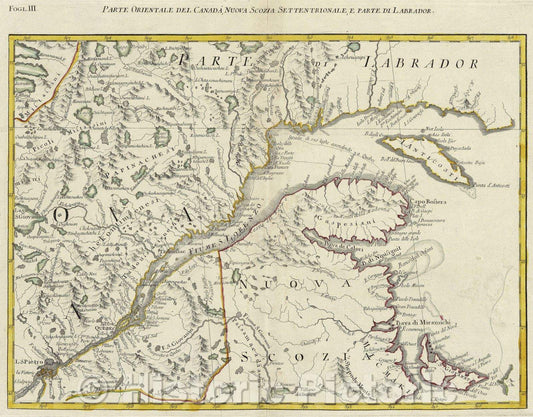Historic Map : Parte Orientale Del Canada, Nuova Scozia Settentrionale, e Parte di Labrador., 1778 , Vintage Wall Art