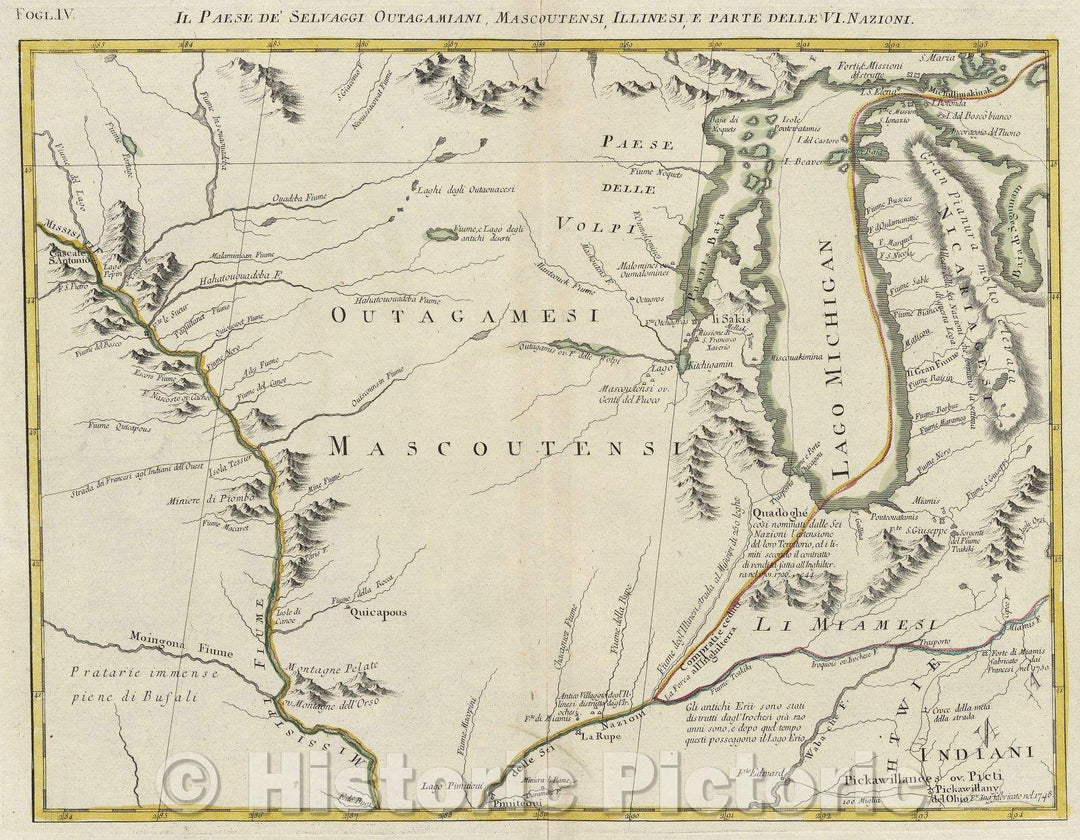 Historic Map : Il Paese de Selvaggi Outagamiani, Mascoutensi, Illinesi, e Parte Delle VI. Nazioni., 1778 , Vintage Wall Art