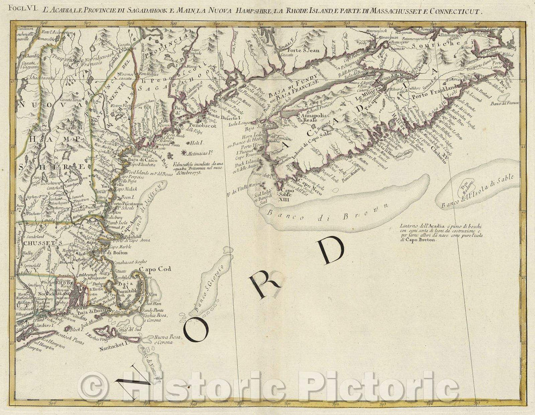 Historic Map : L'Acadia, le Provincie di Sagadahook e Main, La Nuova Hampshire, La Rhode Island, e Parte di Massachusset e Connecticut., 1778 , Vintage Wall Art