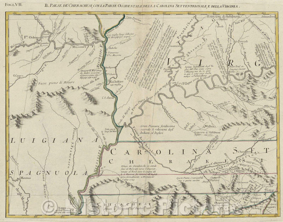 Historic Map : Il Paese de Cherache si, con la Parte Occidentale della Carolina Settentrionale e della Virginia., 1778 , Vintage Wall Art