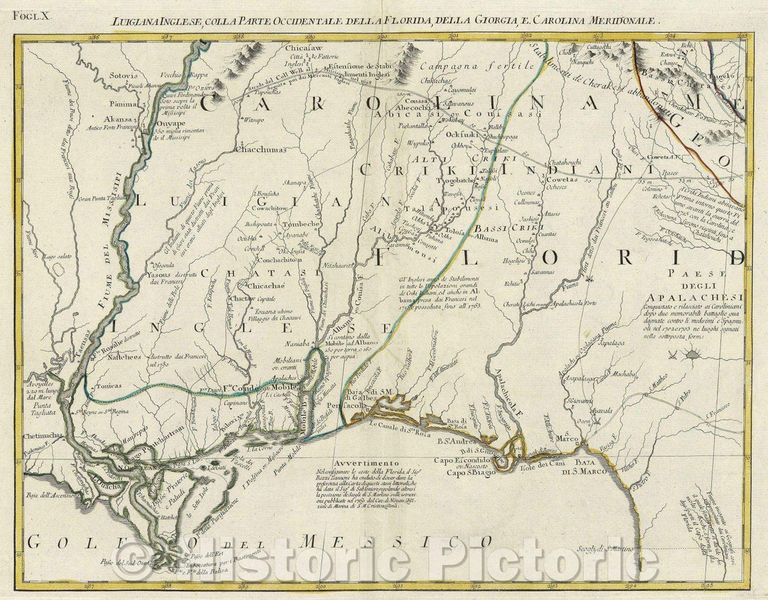 Historic Map : Luigiana Inglese, Colla Parte Occidentale della Florida, della Georgia, e. Carolina Meridionale., 1778 , Vintage Wall Art