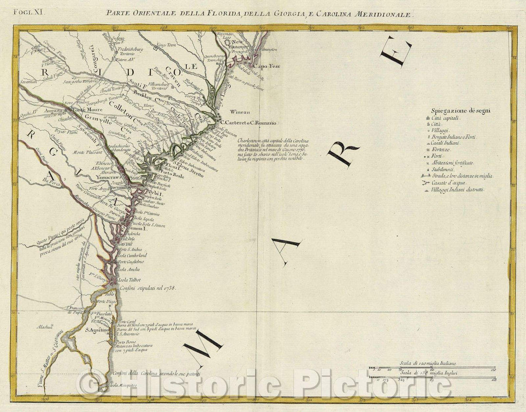 Historic Map : Parte Orientale Della Florida, Della Georgia, e Carolina Meridionale., 1778 , Vintage Wall Art