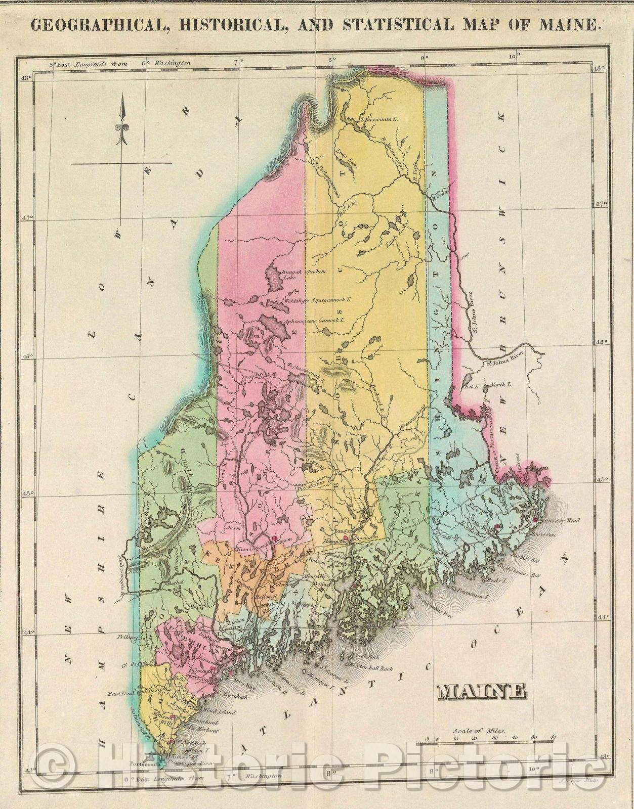 Historic Map : Geographical, Historical, and Statistical Map of Maine, 1822 , Vintage Wall Art