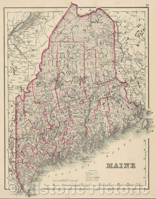Historic Map : Maine, 1883 , Vintage Wall Art