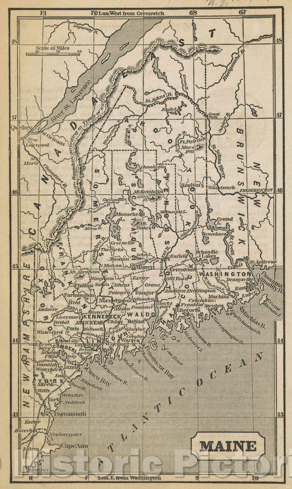 Historic Map : Maine, 1854 , Vintage Wall Art