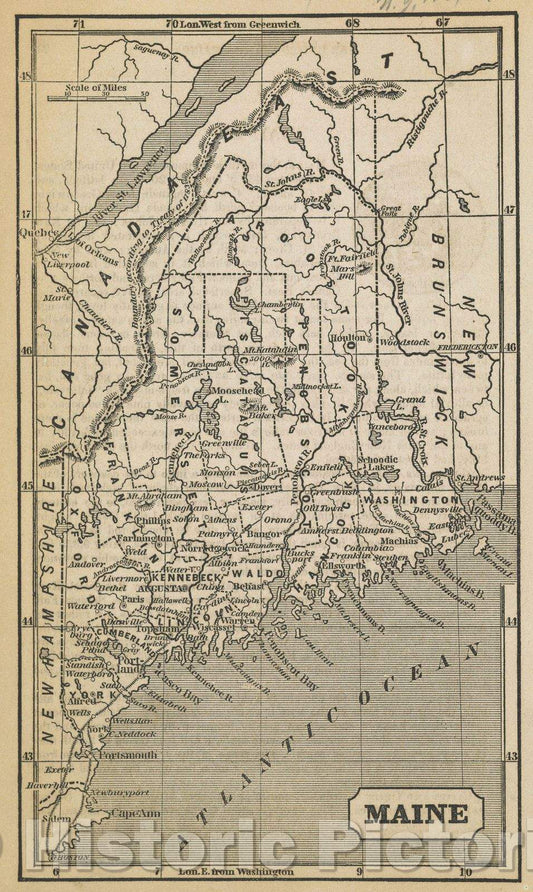 Historic Map : Maine, 1854 , Vintage Wall Art