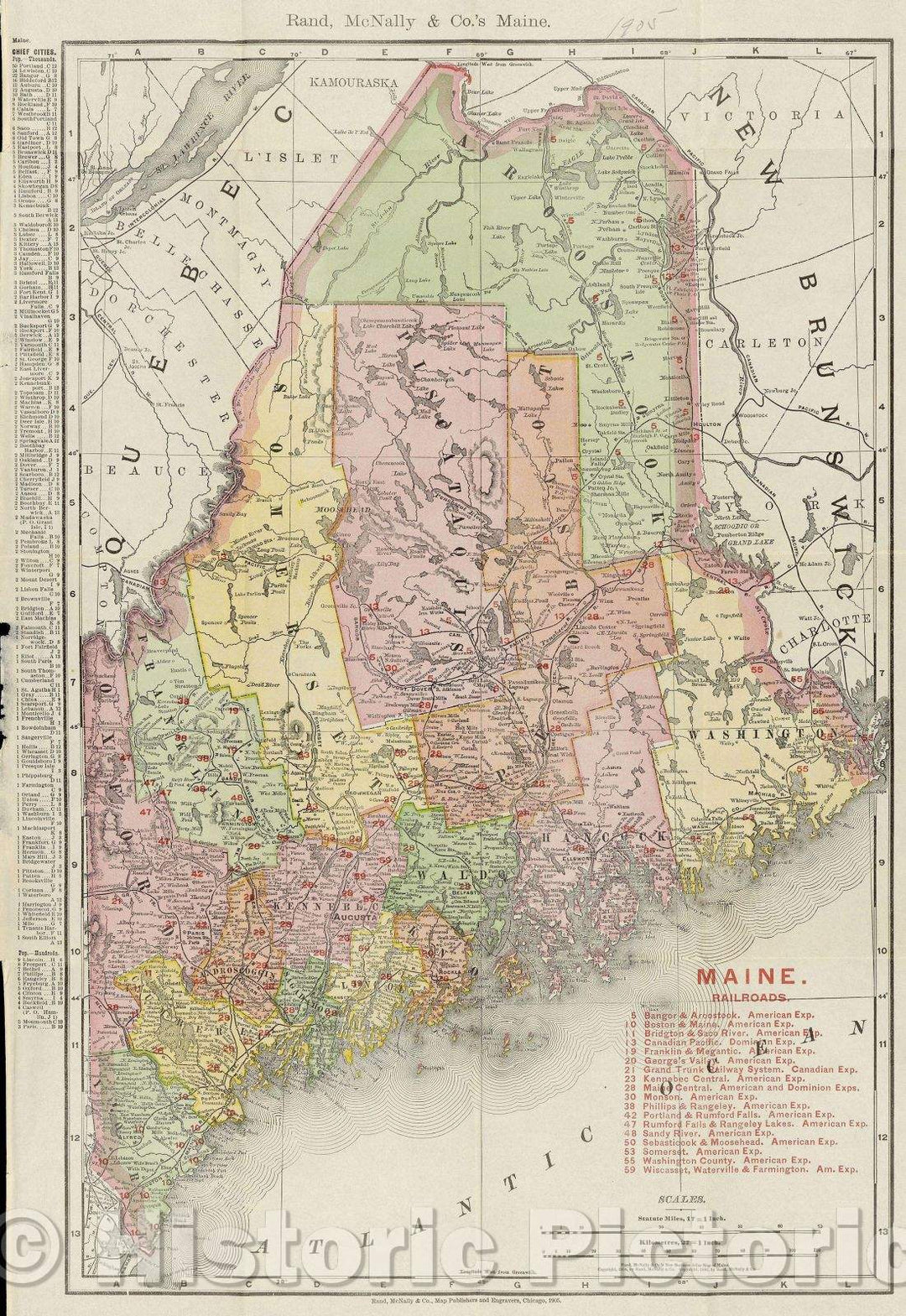 Historic Map : Maine. Railroads., 1905 , Vintage Wall Art